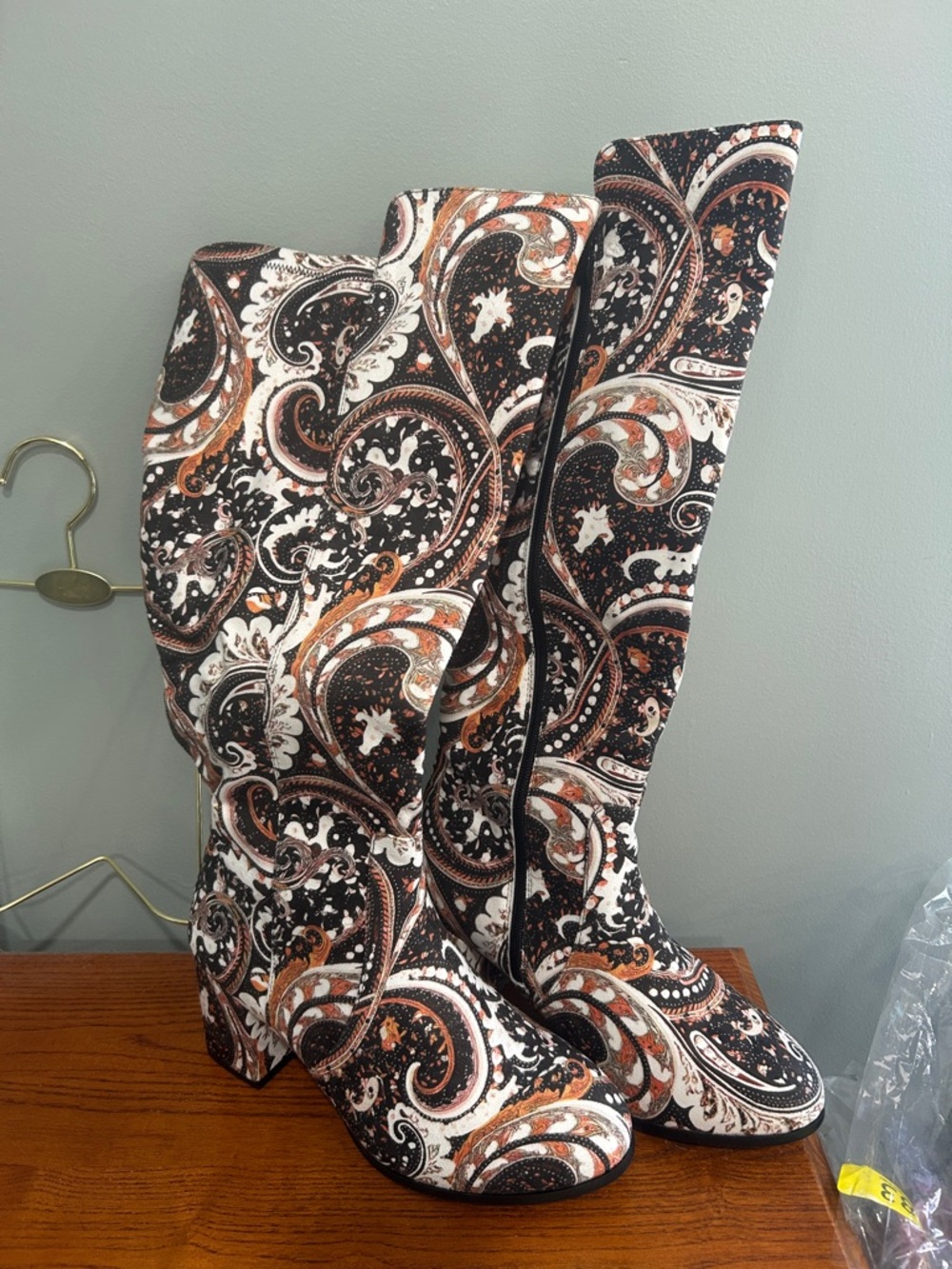 Over-the-Knee Paisley Print Boots in Black & Brown Ruiee Brand